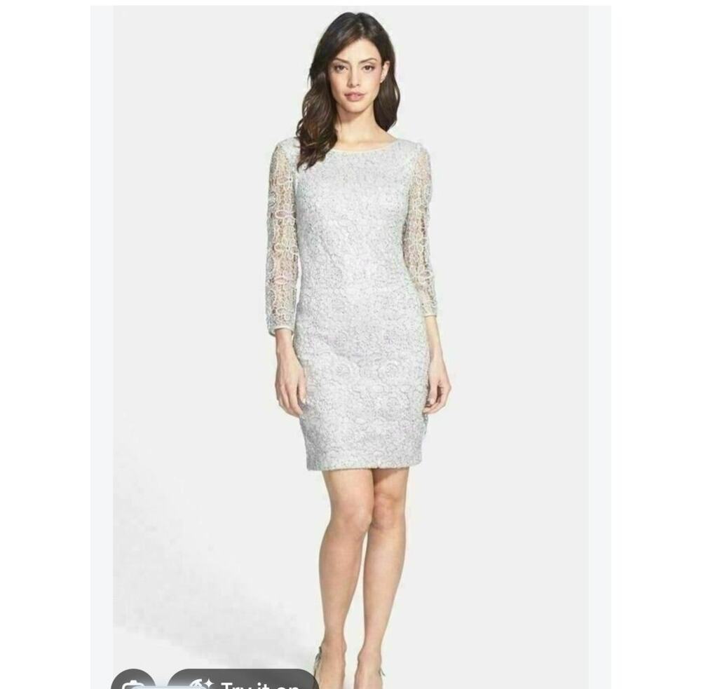 Adrianna Papell Lace Overlay Dress Metallic Sequin Long Sleeve 12 Formal Evening